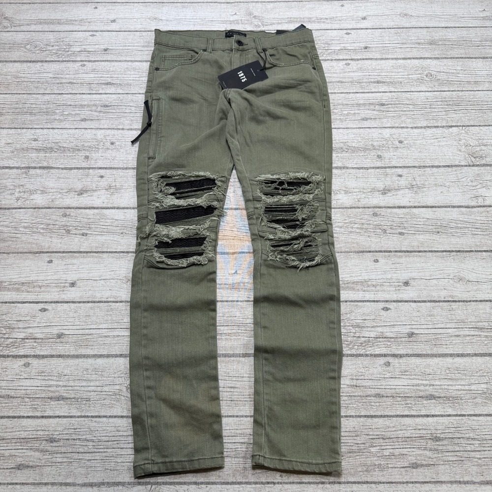 NEW Zara Man Jeans Men's 30 Olive Green Denim Slim Fit Utility Distressed Moto